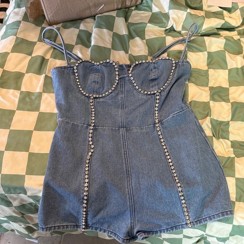 Nasty Gal Blue Denim Romper with Silver Accents